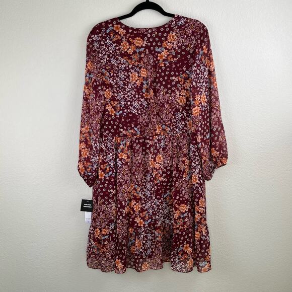 Sandra Darren Burgundy Floral Balloon Sleeve V-Neck Babydoll Mini Dress 12 NWT - Picture 15 of 15